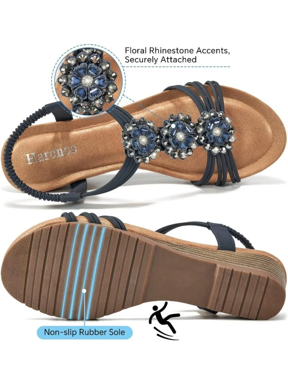 Women's Blue Floral Rhinestone Elastic Slingback Low Wedge Heel Sandals Shoes